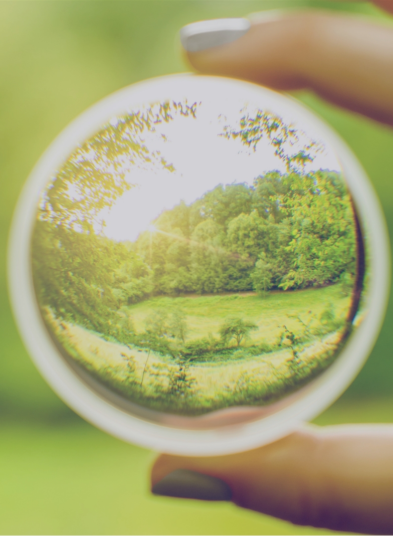 reflection of the countryside in a glass bubble